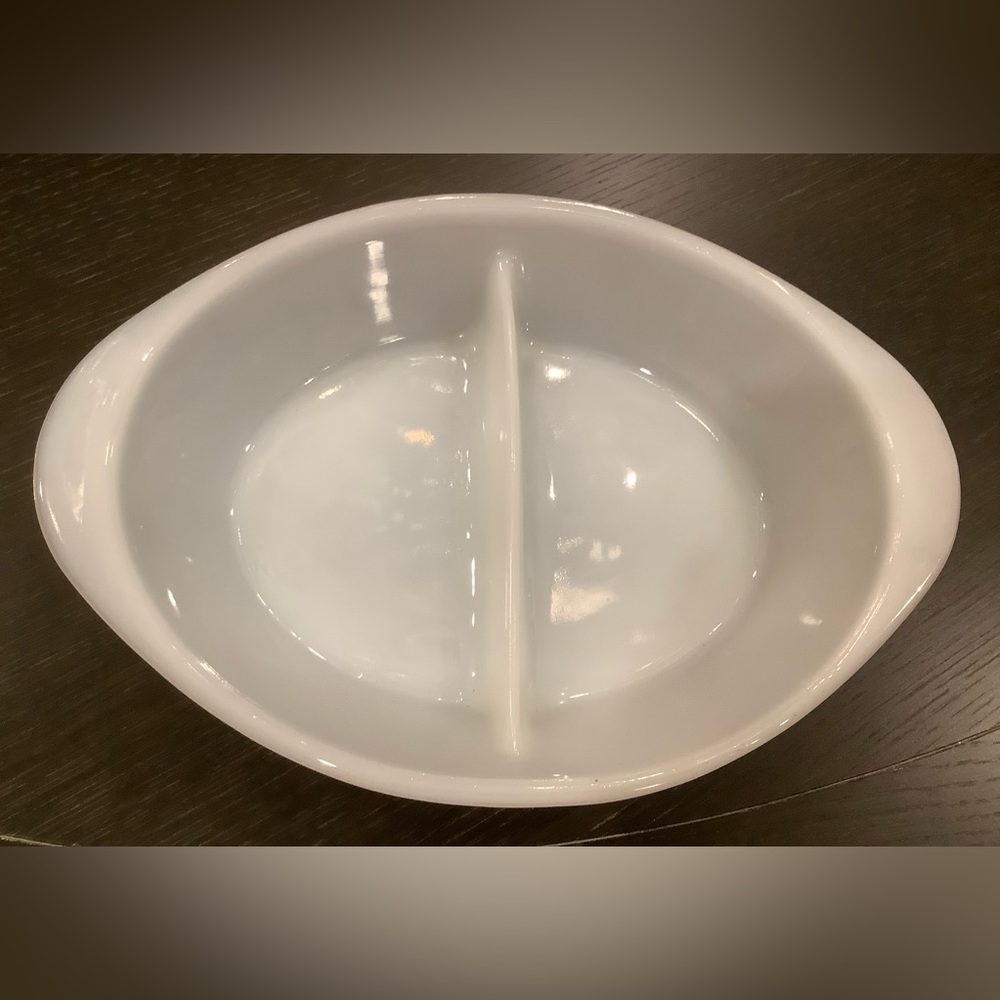 Rare Glasbake Milk Glass white oval divided dish with handles.